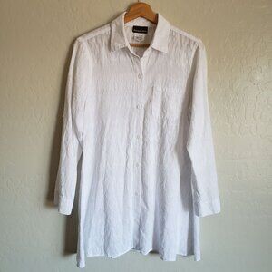Tommy Bahama Textured Gauzy Cotton Button Up Tunic Top White Roll Tab Women's L